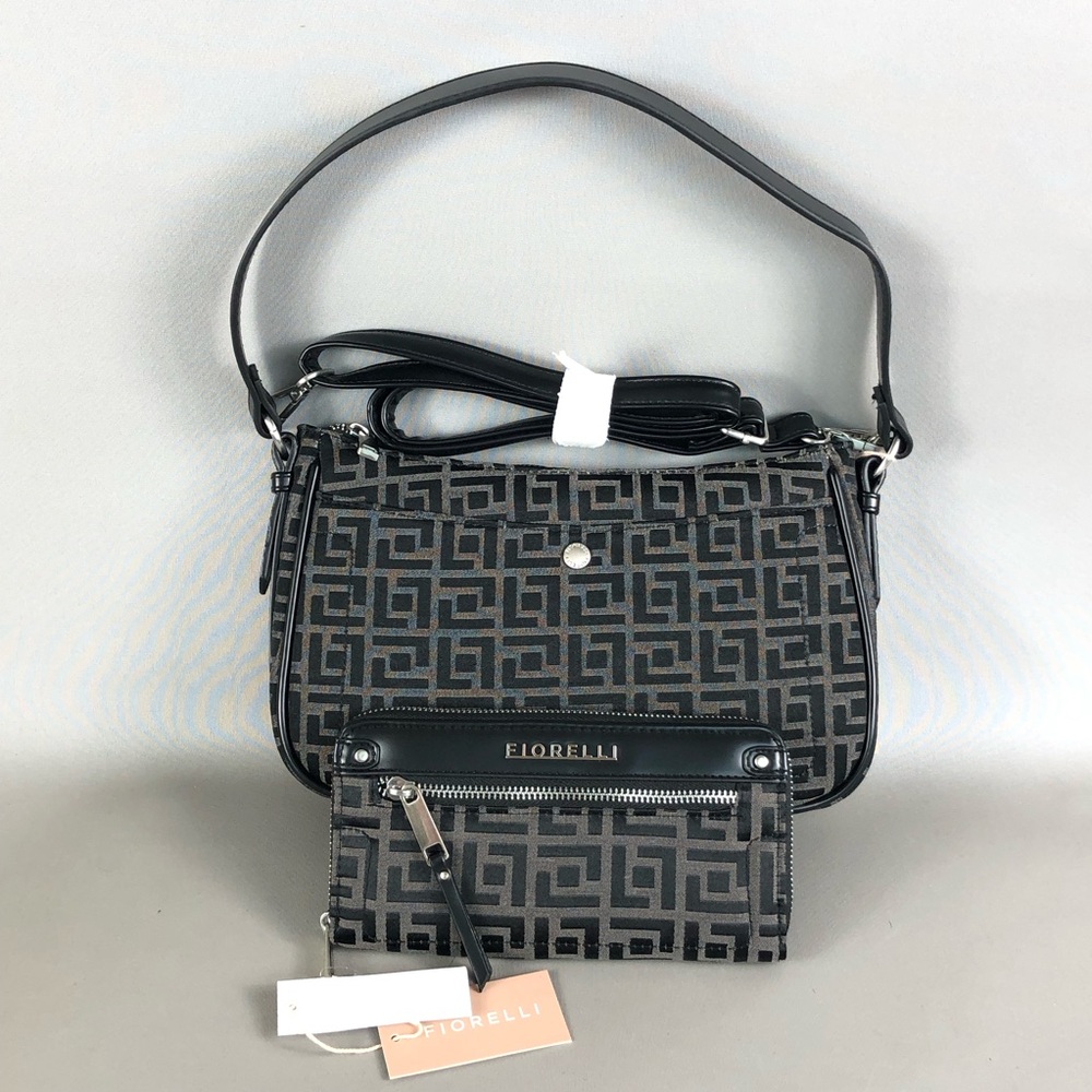 Black & Gray Logo Crossbody Bag with Matching Wallet